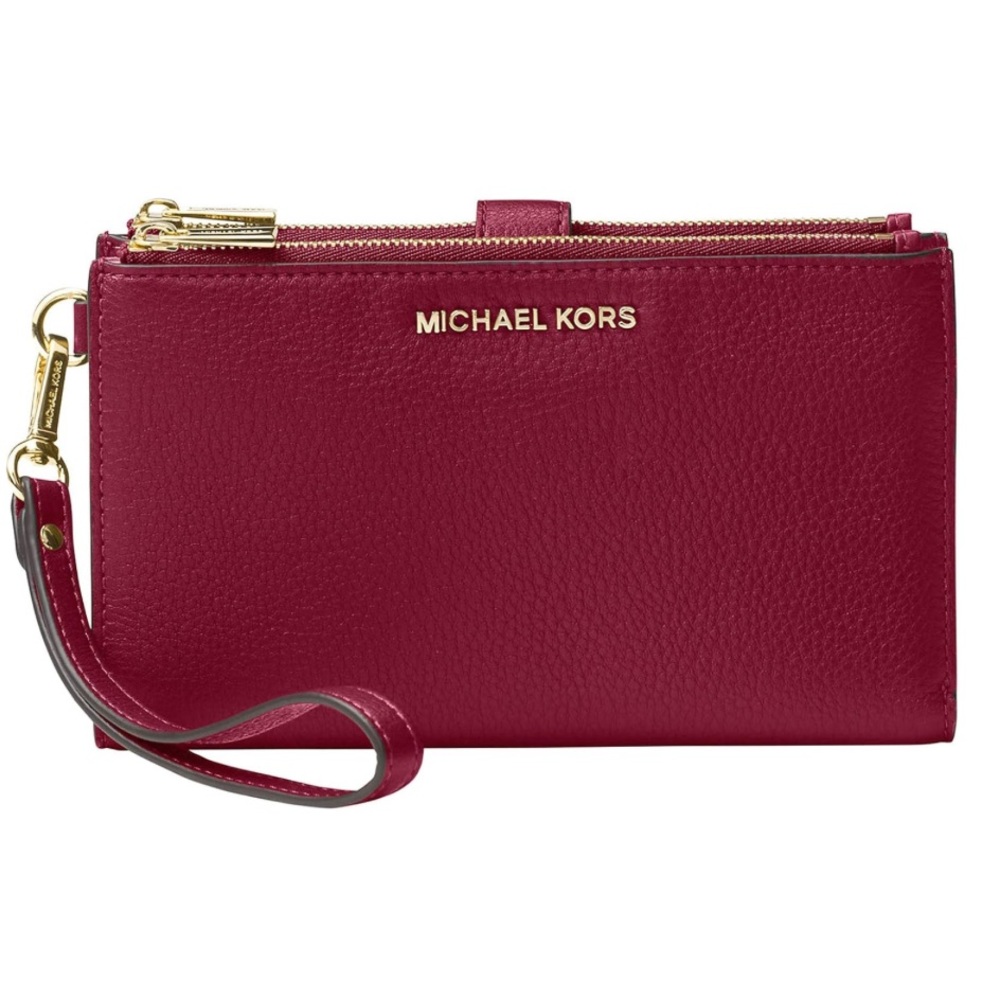 MICHAEL Michael Kors Pebbled Leather Wristlet in Deep Berry with Gold Hardware